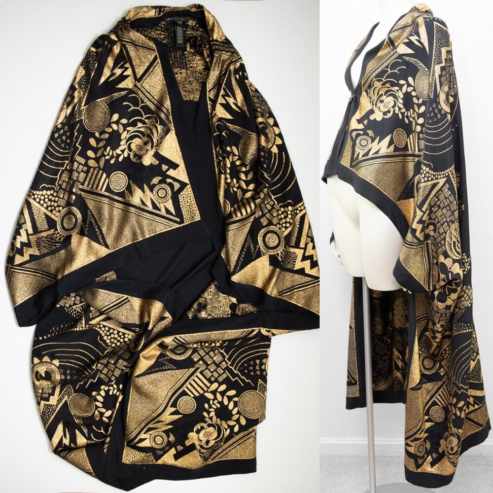 Ralph Lauren Vintage Silk Embroidered Kimono Black Label Black Gold One Size - Picture 2 of 10